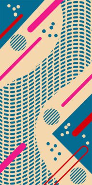 Çeşitli geometrik şekillere sahip soyut dikey arkaplan kartı. Geometrik memphis tarzına sahip dikey duvar kağıdı.