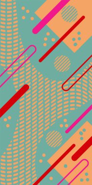 Çeşitli geometrik şekillere sahip soyut dikey arkaplan kartı. Geometrik memphis tarzına sahip dikey duvar kağıdı.