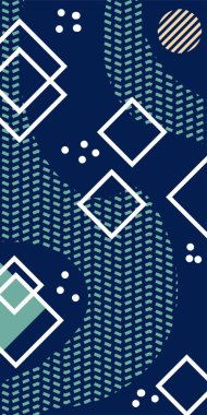 Çeşitli geometrik şekillere sahip soyut dikey arkaplan kartı. Geometrik memphis tarzına sahip dikey duvar kağıdı.