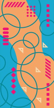 Çeşitli geometrik şekillere sahip soyut dikey arkaplan kartı. Geometrik memphis tarzına sahip dikey duvar kağıdı.