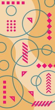 Çeşitli geometrik şekillere sahip soyut dikey arkaplan kartı. Geometrik memphis tarzına sahip dikey duvar kağıdı.