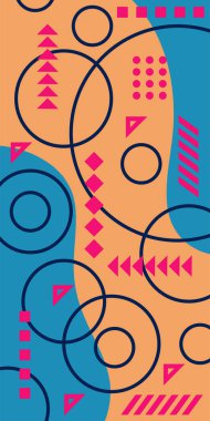 Çeşitli geometrik şekillere sahip soyut dikey arkaplan kartı. Geometrik memphis tarzına sahip dikey duvar kağıdı.