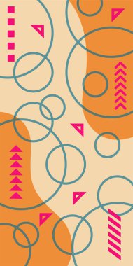 Çeşitli geometrik şekillere sahip soyut dikey arkaplan kartı. Geometrik memphis tarzına sahip dikey duvar kağıdı.