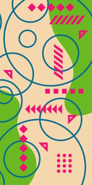 Çeşitli geometrik şekillere sahip soyut dikey arkaplan kartı. Geometrik memphis tarzına sahip dikey duvar kağıdı.