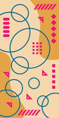 Çeşitli geometrik şekillere sahip soyut dikey arkaplan kartı. Geometrik memphis tarzına sahip dikey duvar kağıdı.