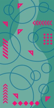 Çeşitli geometrik şekillere sahip soyut dikey arkaplan kartı. Geometrik memphis tarzına sahip dikey duvar kağıdı.