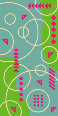 Çeşitli geometrik şekillere sahip soyut dikey arkaplan kartı. Geometrik memphis tarzına sahip dikey duvar kağıdı.