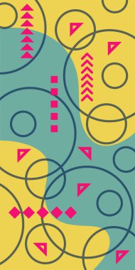 Çeşitli geometrik şekillere sahip soyut dikey arkaplan kartı. Geometrik memphis tarzına sahip dikey duvar kağıdı.