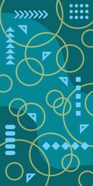 Çeşitli geometrik şekillere sahip soyut dikey arkaplan kartı. Geometrik memphis tarzına sahip dikey duvar kağıdı.