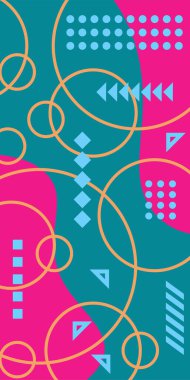 Çeşitli geometrik şekillere sahip soyut dikey arkaplan kartı. Geometrik memphis tarzına sahip dikey duvar kağıdı.