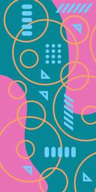 Çeşitli geometrik şekillere sahip soyut dikey arkaplan kartı. Geometrik memphis tarzına sahip dikey duvar kağıdı.