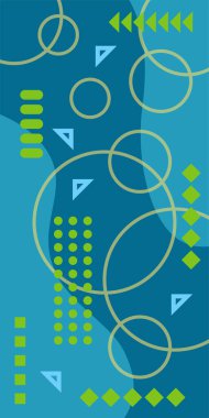 Çeşitli geometrik şekillere sahip soyut dikey arkaplan kartı. Geometrik memphis tarzına sahip dikey duvar kağıdı.