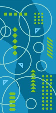 Çeşitli geometrik şekillere sahip soyut dikey arkaplan kartı. Geometrik memphis tarzına sahip dikey duvar kağıdı.