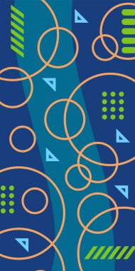 Çeşitli geometrik şekillere sahip soyut dikey arkaplan kartı. Geometrik memphis tarzına sahip dikey duvar kağıdı.