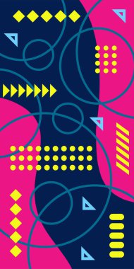 Çeşitli geometrik şekillere sahip soyut dikey arkaplan kartı. Geometrik memphis tarzına sahip dikey duvar kağıdı.