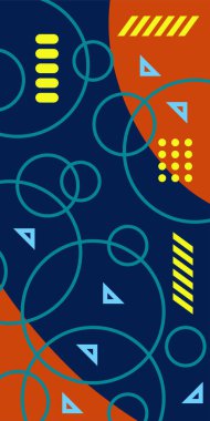 Çeşitli geometrik şekillere sahip soyut dikey arkaplan kartı. Geometrik memphis tarzına sahip dikey duvar kağıdı.