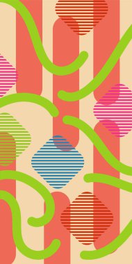 Çeşitli geometrik şekillere sahip soyut dikey arkaplan kartı. Geometrik memphis tarzına sahip dikey duvar kağıdı.