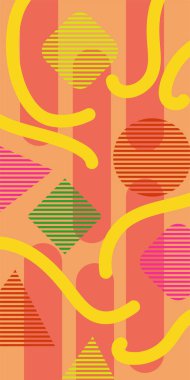 Çeşitli geometrik şekillere sahip soyut dikey arkaplan kartı. Geometrik memphis tarzına sahip dikey duvar kağıdı.