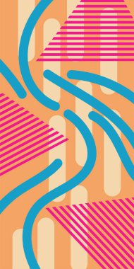 Çeşitli geometrik şekillere sahip soyut dikey arkaplan kartı. Geometrik memphis tarzına sahip dikey duvar kağıdı.