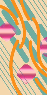 Çeşitli geometrik şekillere sahip soyut dikey arkaplan kartı. Geometrik memphis tarzına sahip dikey duvar kağıdı.