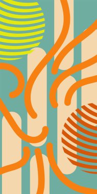 Çeşitli geometrik şekillere sahip soyut dikey arkaplan kartı. Geometrik memphis tarzına sahip dikey duvar kağıdı.