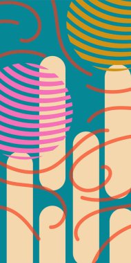 Çeşitli geometrik şekillere sahip soyut dikey arkaplan kartı. Geometrik memphis tarzına sahip dikey duvar kağıdı.