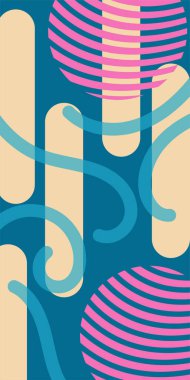 Çeşitli geometrik şekillere sahip soyut dikey arkaplan kartı. Geometrik memphis tarzına sahip dikey duvar kağıdı.