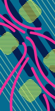 Çeşitli geometrik şekillere sahip soyut dikey arkaplan kartı. Geometrik memphis tarzına sahip dikey duvar kağıdı.