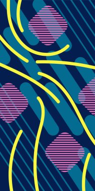 Çeşitli geometrik şekillere sahip soyut dikey arkaplan kartı. Geometrik memphis tarzına sahip dikey duvar kağıdı.