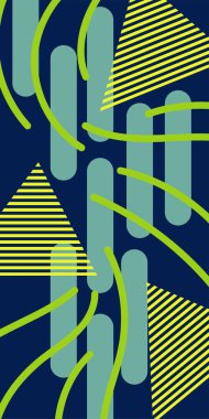 Çeşitli geometrik şekillere sahip soyut dikey arkaplan kartı. Geometrik memphis tarzına sahip dikey duvar kağıdı.