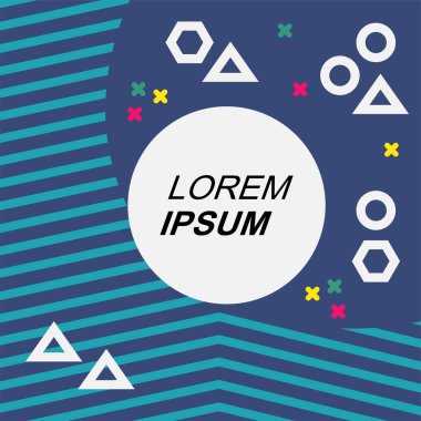 Çeşitli geometrik şekilli, süslemeli ve metin alanlı soyut arkaplan kare kartı. Geometrik memphis tarzıyla kare duvar kağıdı.