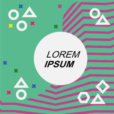 Çeşitli geometrik şekilli, süslemeli ve metin alanlı soyut arkaplan kare kartı. Geometrik memphis tarzıyla kare duvar kağıdı.