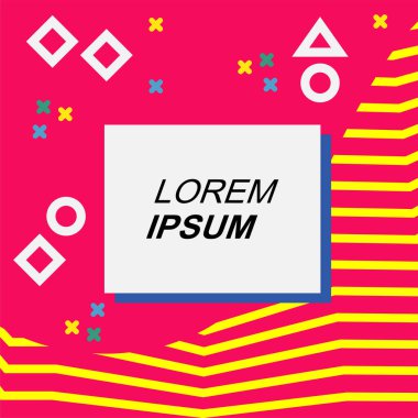 Çeşitli geometrik şekilli, süslemeli ve metin alanlı soyut arkaplan kare kartı. Geometrik memphis tarzıyla kare duvar kağıdı.
