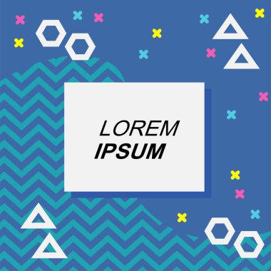 Çeşitli geometrik şekilli, süslemeli ve metin alanlı soyut arkaplan kare kartı. Geometrik memphis tarzıyla kare duvar kağıdı.