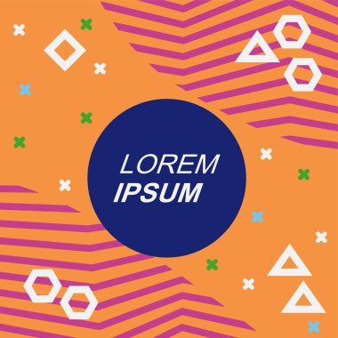 Çeşitli geometrik şekilli, süslemeli ve metin alanlı soyut arkaplan kare kartı. Geometrik memphis tarzıyla kare duvar kağıdı.