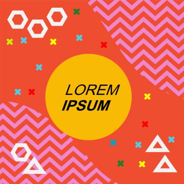 Çeşitli geometrik şekilli, süslemeli ve metin alanlı soyut arkaplan kare kartı. Geometrik memphis tarzıyla kare duvar kağıdı.