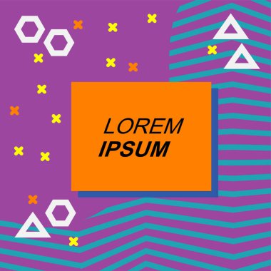 Çeşitli geometrik şekilli, süslemeli ve metin alanlı soyut arkaplan kare kartı. Geometrik memphis tarzıyla kare duvar kağıdı.