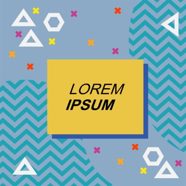 Çeşitli geometrik şekilli, süslemeli ve metin alanlı soyut arkaplan kare kartı. Geometrik memphis tarzıyla kare duvar kağıdı.