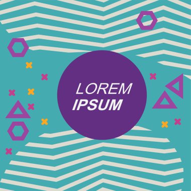 Çeşitli geometrik şekilli, süslemeli ve metin alanlı soyut arkaplan kare kartı. Geometrik memphis tarzıyla kare duvar kağıdı.