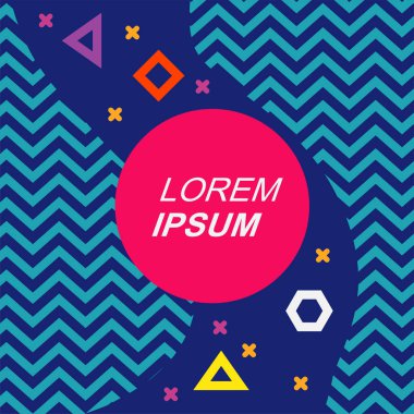 Çeşitli geometrik şekilli, süslemeli ve metin alanlı soyut arkaplan kare kartı. Geometrik memphis tarzıyla kare duvar kağıdı.