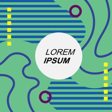 Çeşitli geometrik şekilli, süslemeli ve metin alanlı soyut arkaplan kare kartı. Geometrik memphis tarzıyla kare duvar kağıdı.