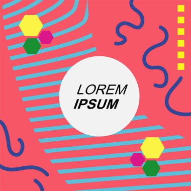 Çeşitli geometrik şekilli, süslemeli ve metin alanlı soyut arkaplan kare kartı. Geometrik memphis tarzıyla kare duvar kağıdı.