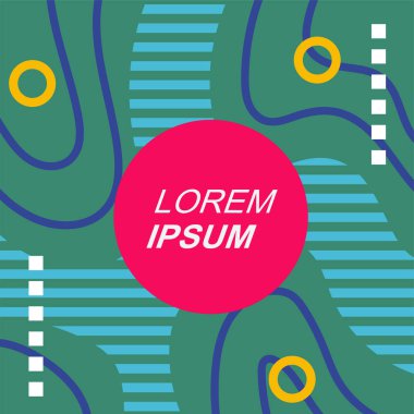 Çeşitli geometrik şekilli, süslemeli ve metin alanlı soyut arkaplan kare kartı. Geometrik memphis tarzıyla kare duvar kağıdı.