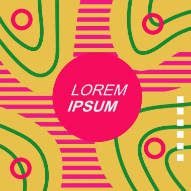Çeşitli geometrik şekilli, süslemeli ve metin alanlı soyut arkaplan kare kartı. Geometrik memphis tarzıyla kare duvar kağıdı.