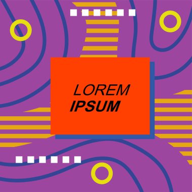 Çeşitli geometrik şekilli, süslemeli ve metin alanlı soyut arkaplan kare kartı. Geometrik memphis tarzıyla kare duvar kağıdı.