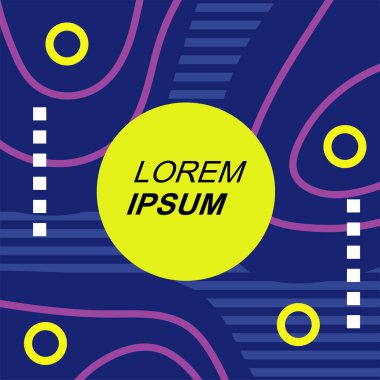 Çeşitli geometrik şekilli, süslemeli ve metin alanlı soyut arkaplan kare kartı. Geometrik memphis tarzıyla kare duvar kağıdı.