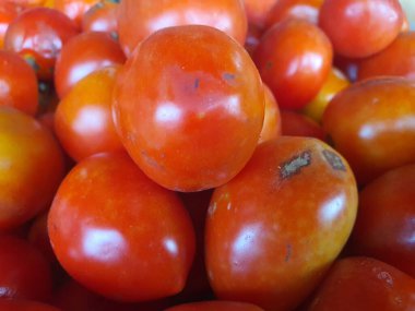 Geleneksel pazarda taze kırmızı domates yığını. İlgili herhangi bir tasarım amacı için doğal meyve arkaplan fotoğrafı.