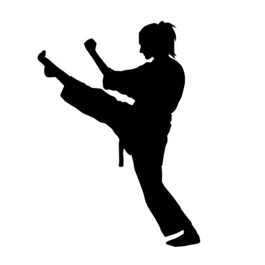 Tekmeleyen bir kadının silueti. Hareket halindeki bir kadın dövüş sanatının silüeti..