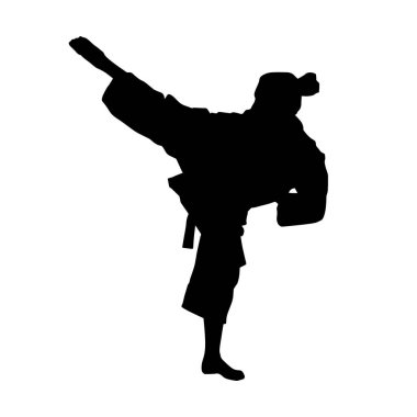 Tekmeleyen bir kadının silueti. Hareket halindeki bir kadın dövüş sanatının silüeti..