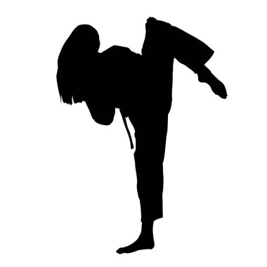 Tekmeleyen bir kadının silueti. Hareket halindeki bir kadın dövüş sanatının silüeti..